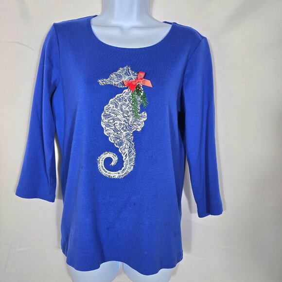 Womens Top Sz M Blue Sequin Sea Horse Holiday Coastal 3/4 Sleeve Bow Casual - Picture 1 of 9